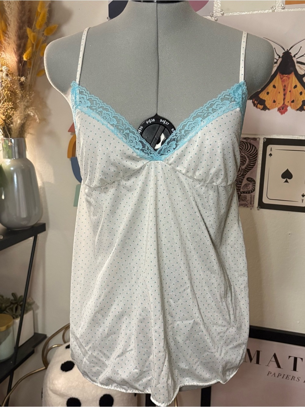 Vintage White & Aqua Polka Dot Lace Cami | Size Medium